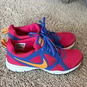 Nike Pink and Blue Sneakers with Orange Swoosh